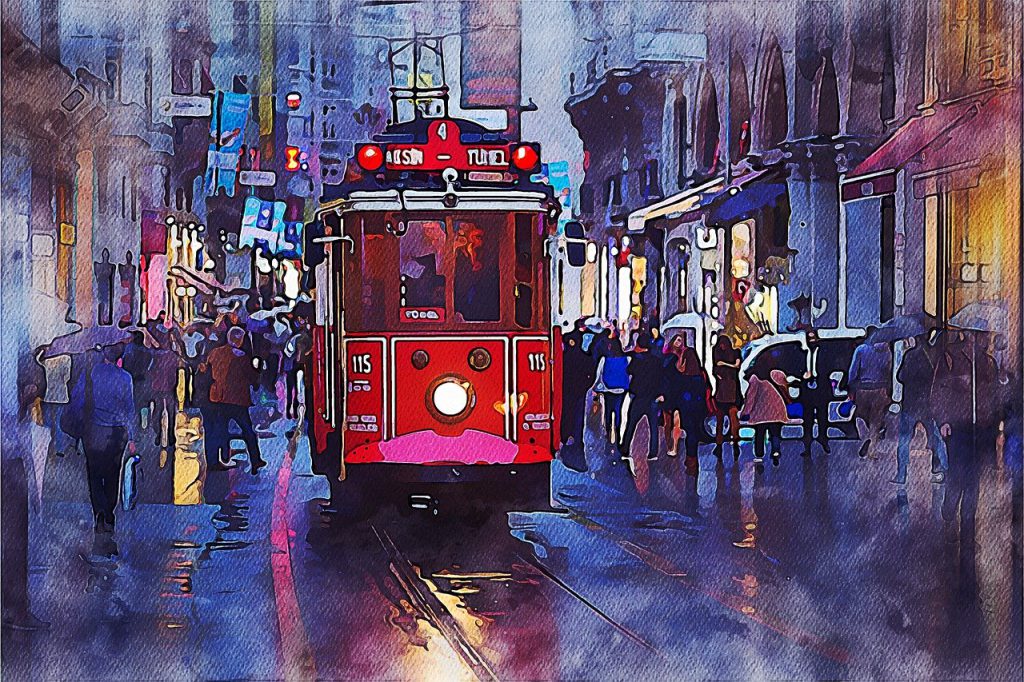 City tram one a wet day